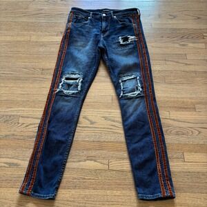 Guess Skinny Jeans Womens Blue Distressed Velvet Side Stripe Dark Wash Denim 31